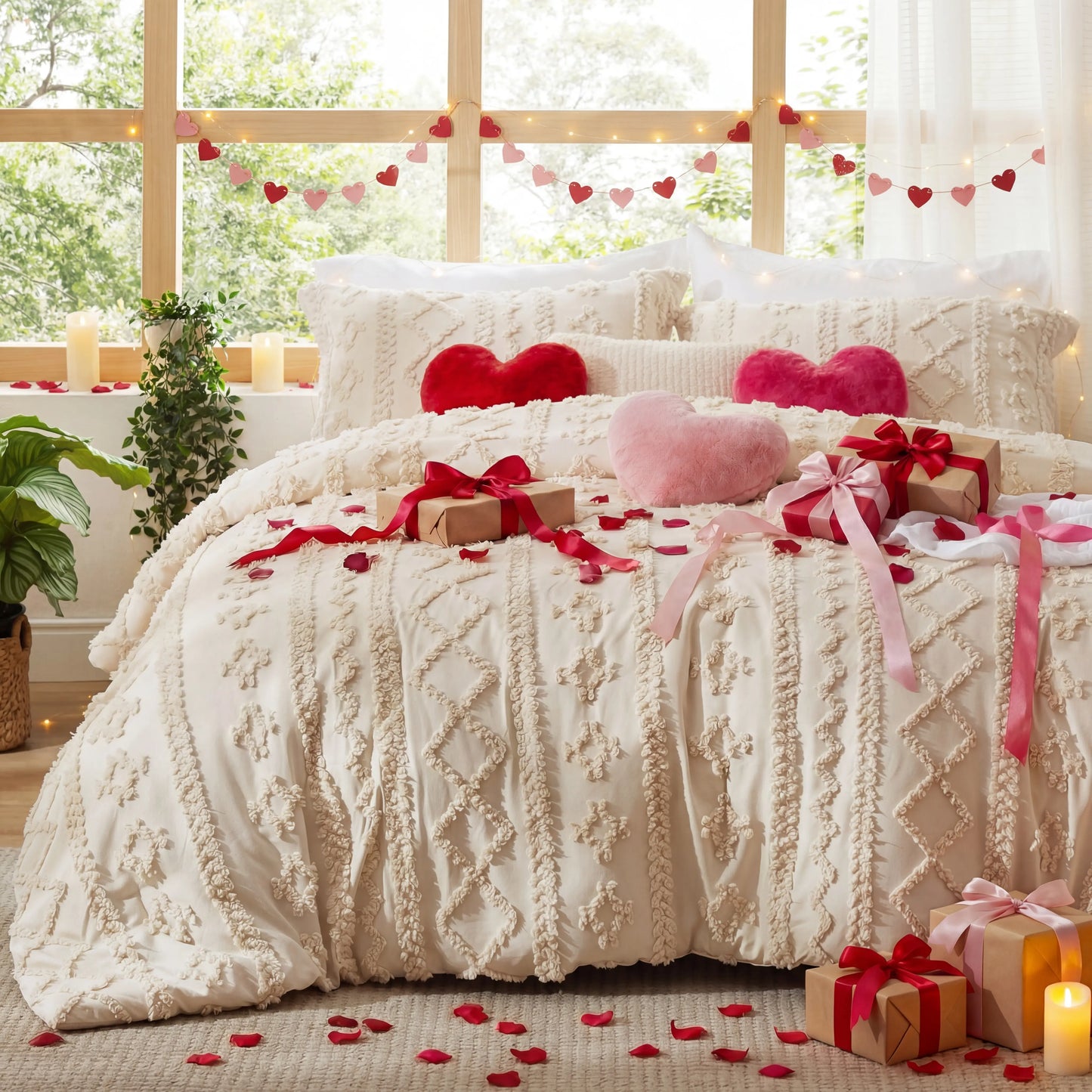 Bedsure Tufted Boho Comforter Set, GentleSoft 3-Piece Shabby Chic Farmhouse Embroidery Bedding, Oversized Jacquard Comforter, All Season Soft Bedding Set