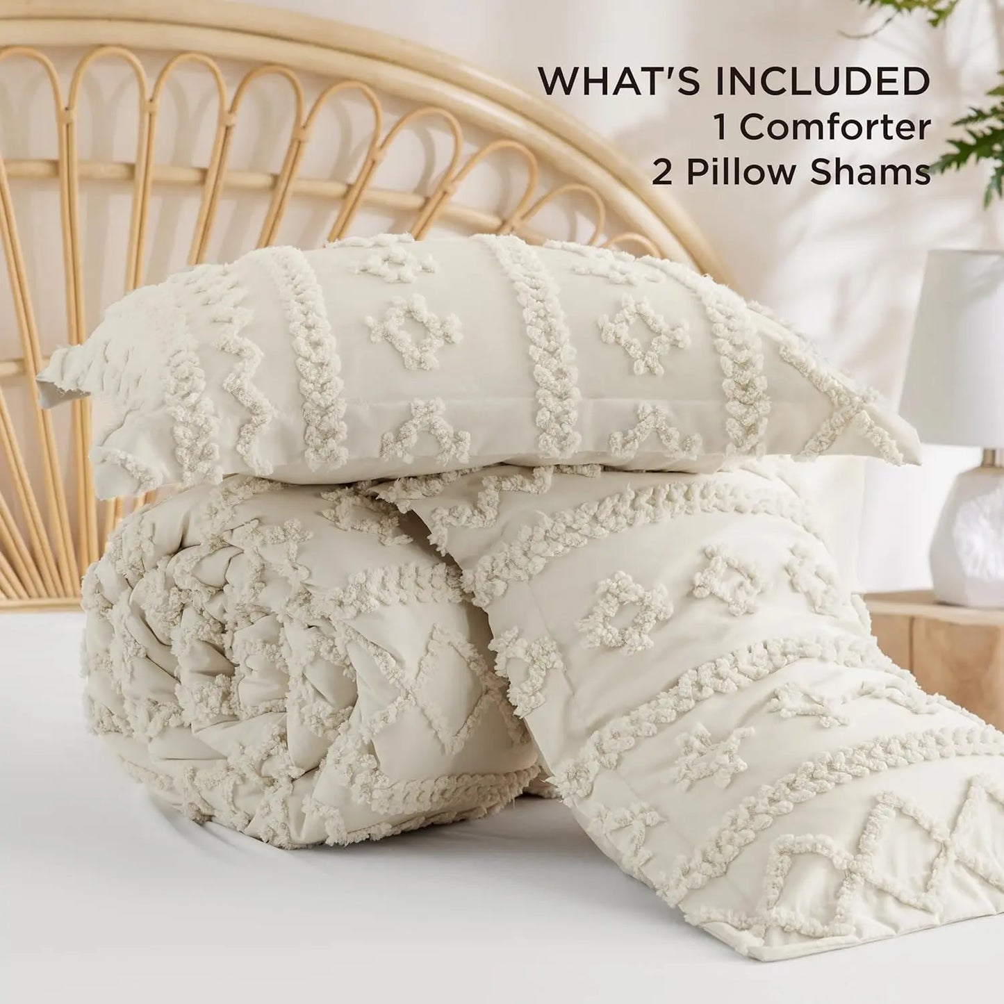 Bedsure Tufted Boho Comforter Set, GentleSoft 3-Piece Shabby Chic Farmhouse Embroidery Bedding, Oversized Jacquard Comforter, All Season Soft Bedding Set