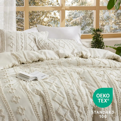 Bedsure Tufted Boho Comforter Set, GentleSoft 3-Piece Shabby Chic Farmhouse Embroidery Bedding, Oversized Jacquard Comforter, All Season Soft Bedding Set