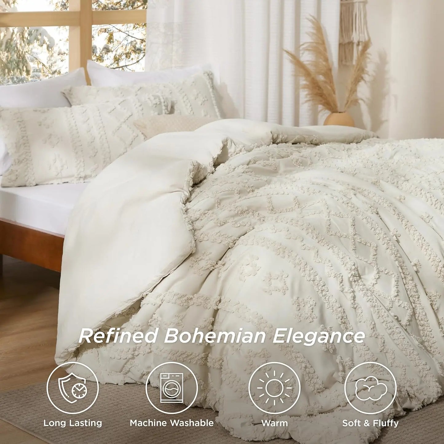 Bedsure Tufted Boho Comforter Set, GentleSoft 3-Piece Shabby Chic Farmhouse Embroidery Bedding, Oversized Jacquard Comforter, All Season Soft Bedding Set
