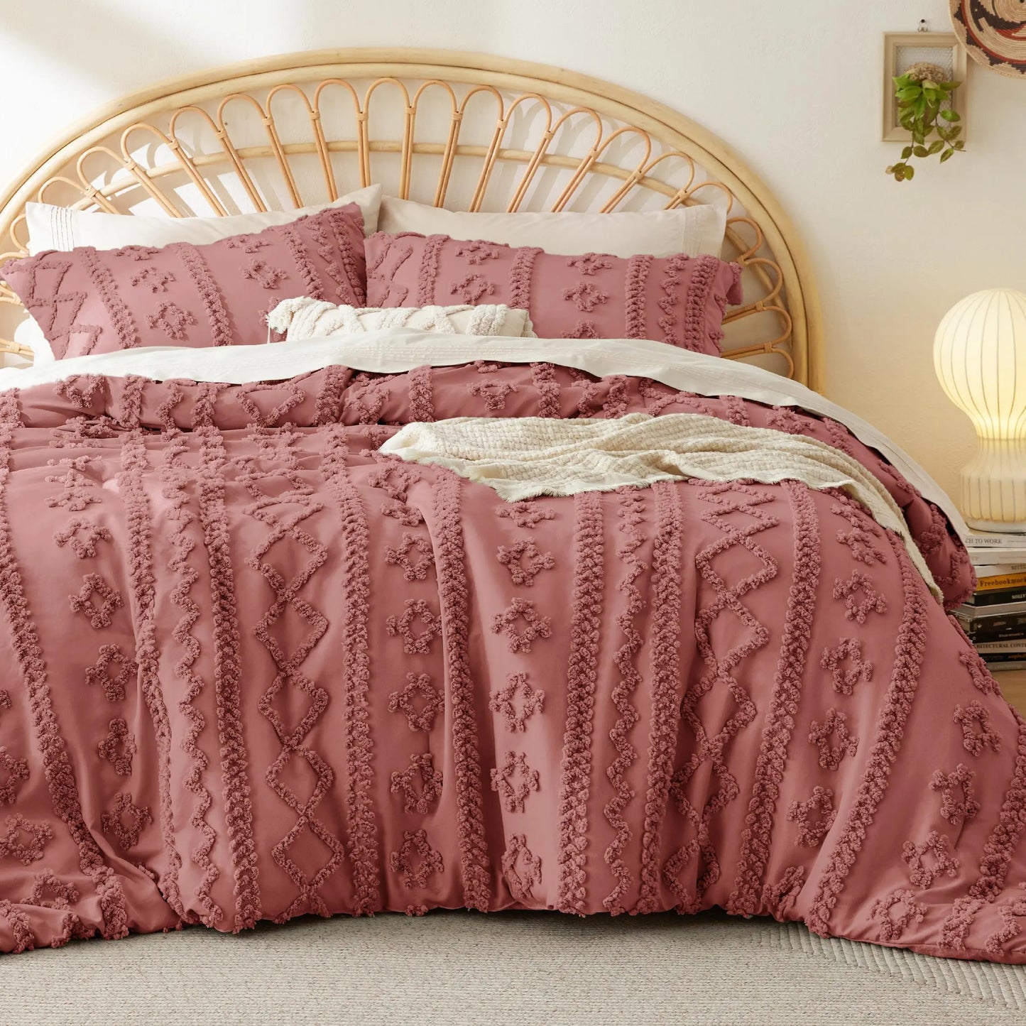 Bedsure Tufted Boho Comforter Set, GentleSoft 3-Piece Shabby Chic Farmhouse Embroidery Bedding, Oversized Jacquard Comforter, All Season Soft Bedding Set