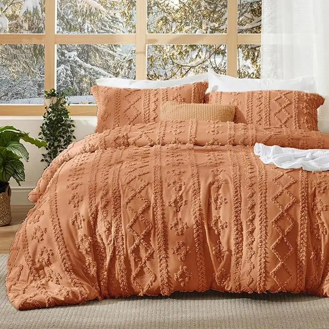 Bedsure Tufted Boho Comforter Set, GentleSoft 3-Piece Shabby Chic Farmhouse Embroidery Bedding, Oversized Jacquard Comforter, All Season Soft Bedding Set