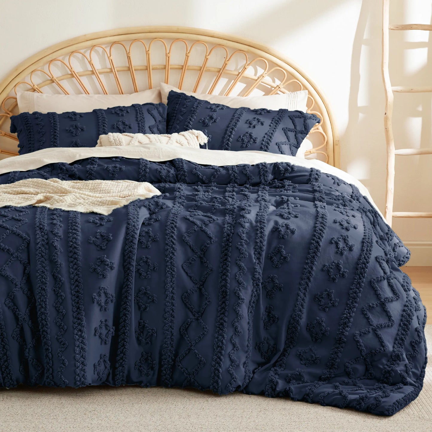 Bedsure Tufted Boho Comforter Set, GentleSoft 3-Piece Shabby Chic Farmhouse Embroidery Bedding, Oversized Jacquard Comforter, All Season Soft Bedding Set