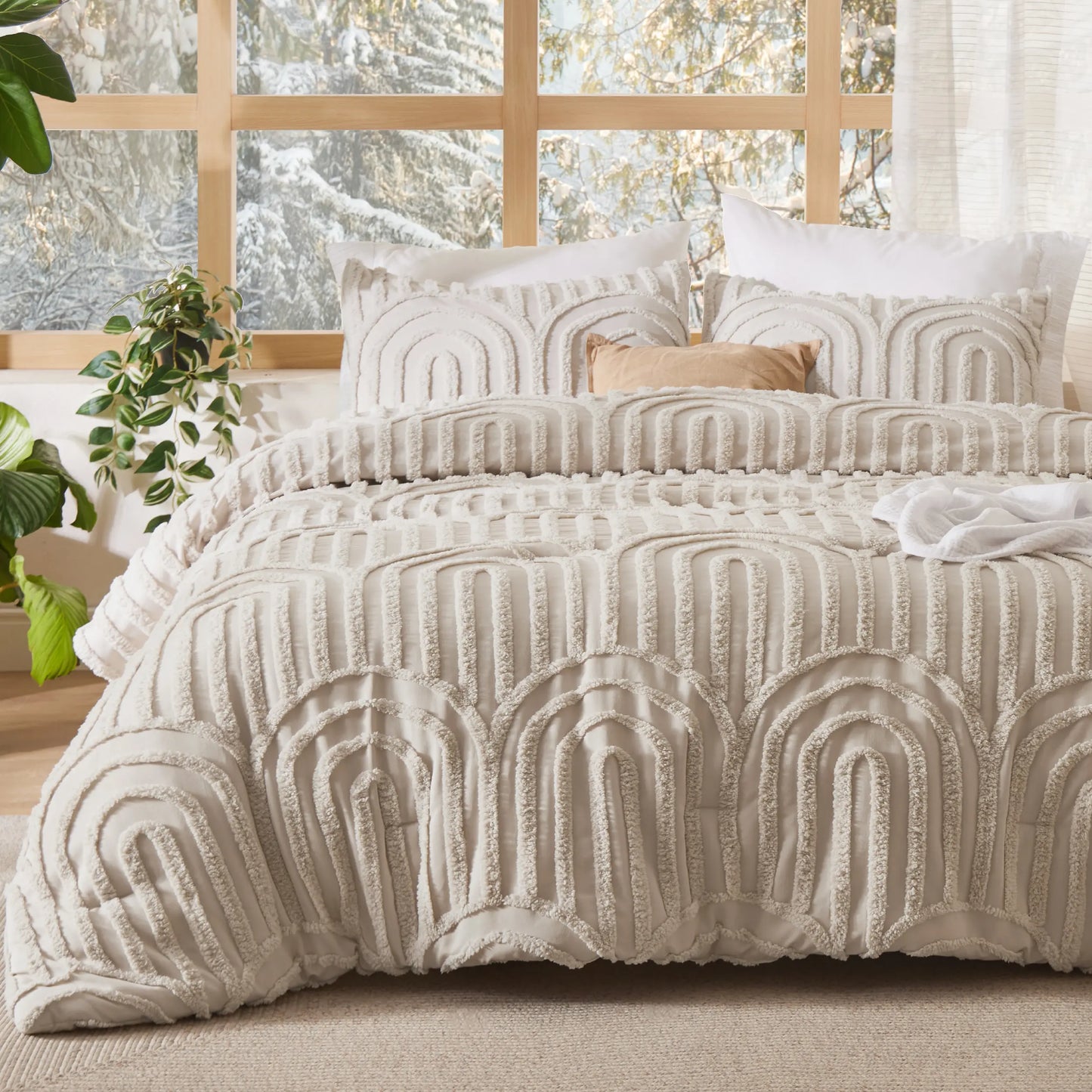Bedsure Tufted Boho Comforter Set, GentleSoft 3-Piece Shabby Chic Farmhouse Embroidery Bedding, Oversized Jacquard Comforter, All Season Soft Bedding Set