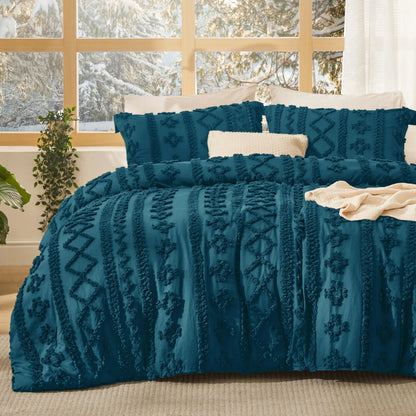 Bedsure Tufted Boho Comforter Set, GentleSoft 3-Piece Shabby Chic Farmhouse Embroidery Bedding, Oversized Jacquard Comforter, All Season Soft Bedding Set