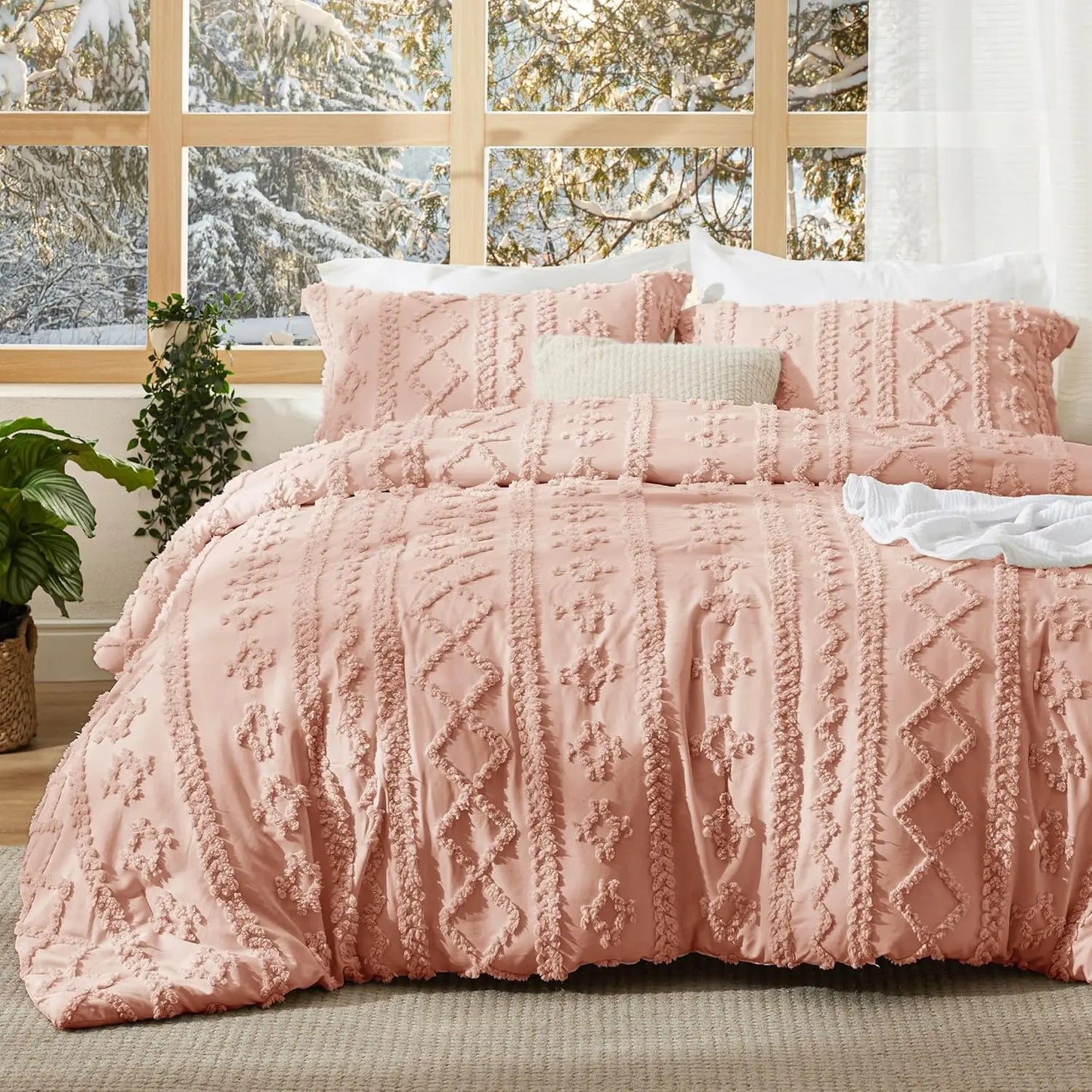 Bedsure Tufted Boho Comforter Set, GentleSoft 3-Piece Shabby Chic Farmhouse Embroidery Bedding, Oversized Jacquard Comforter, All Season Soft Bedding Set