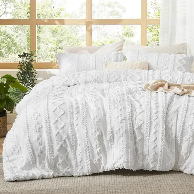 Bedsure Tufted Boho Comforter Set, GentleSoft 3-Piece Shabby Chic Farmhouse Embroidery Bedding, Oversized Jacquard Comforter, All Season Soft Bedding Set